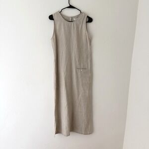 Vintage 100% Linen Shift Dress Sz 4 Sleeveless Pocket Buttons Coastal Minimalist